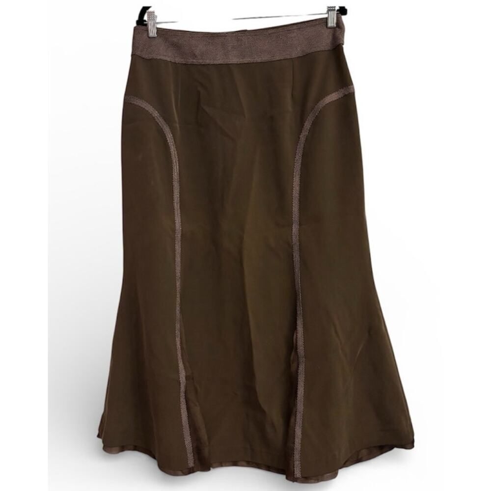 Vera Crutina Silk Skirt 14 Brown Snake Belt Sheer Panel Midi Boho Festival - Picture 2 of 7